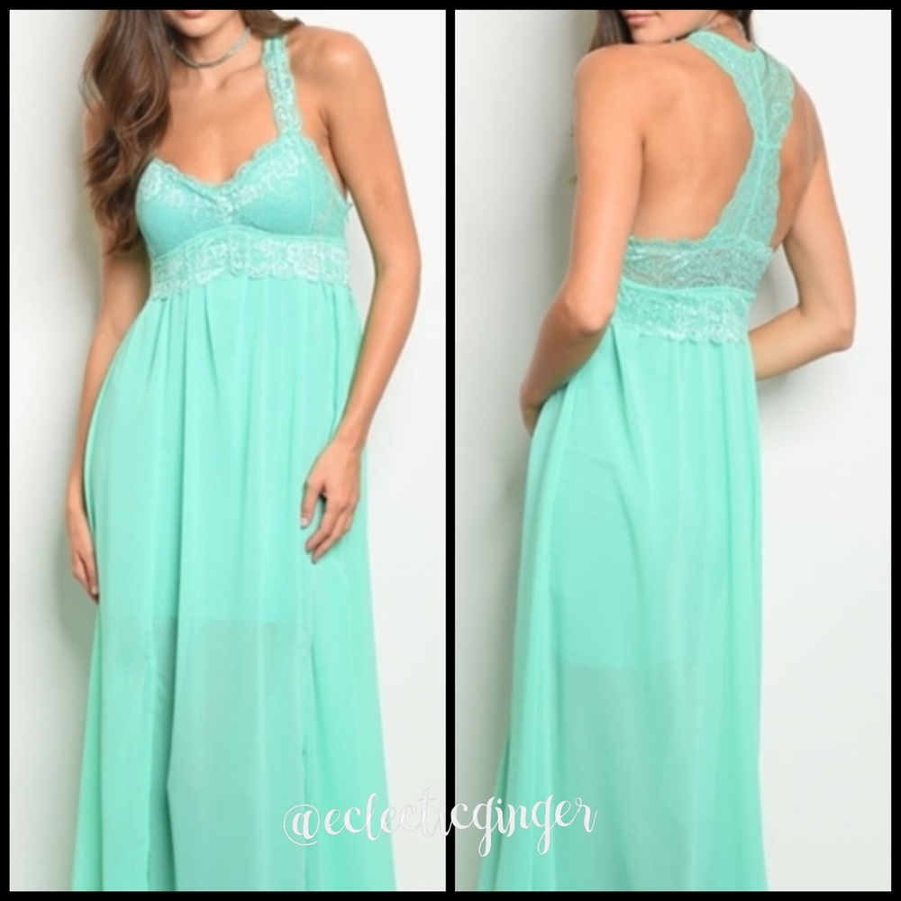 Mint green sleeveless lace V neck flowy maxi dress Large L